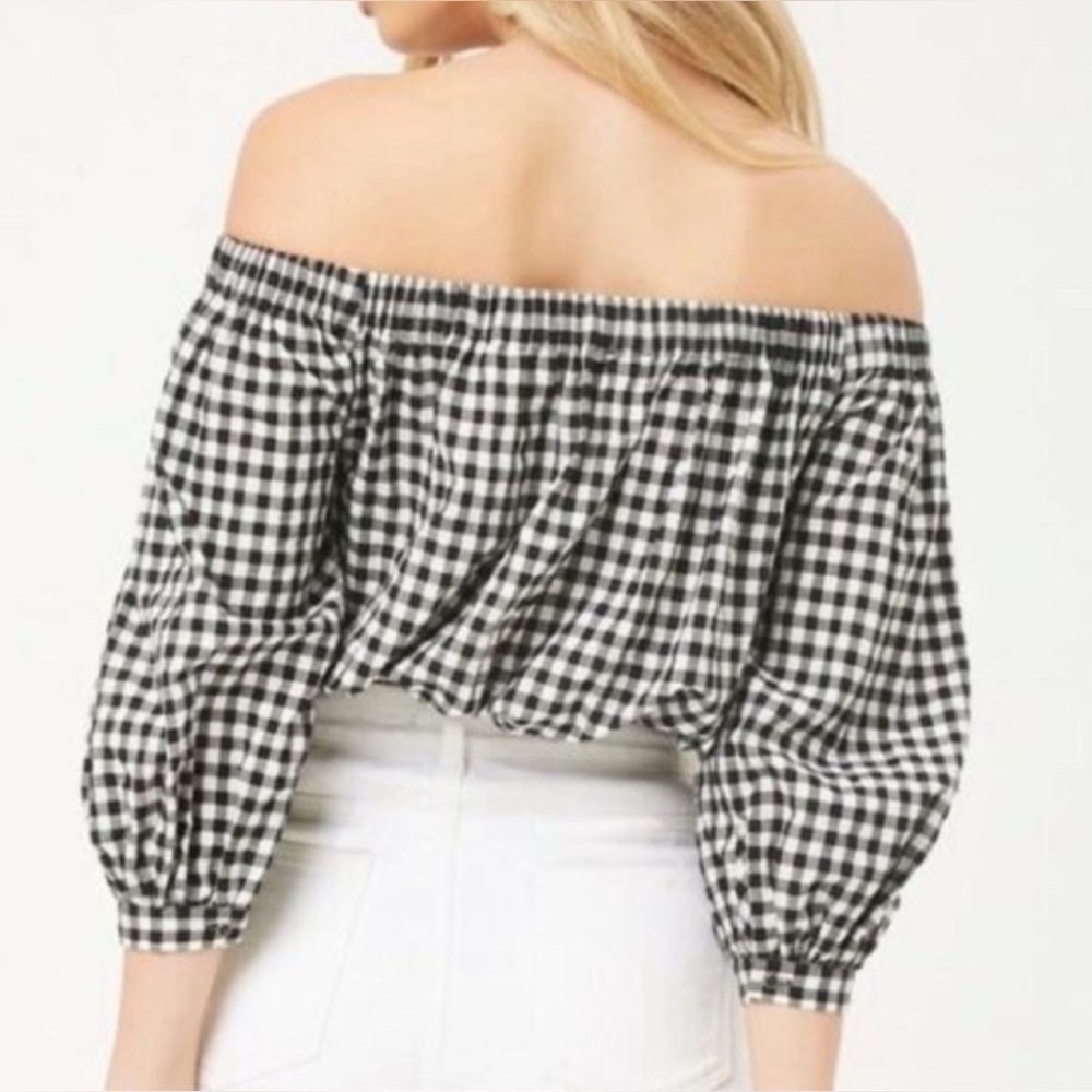 Forever 21 Cropped Buffalo Check Peasant Top w/Tie Front-Size Medium (NWT) - Picture 3 of 9